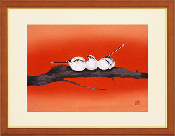 'Long-tailed Tits' woodcut by Yoshiyuki NAKANO