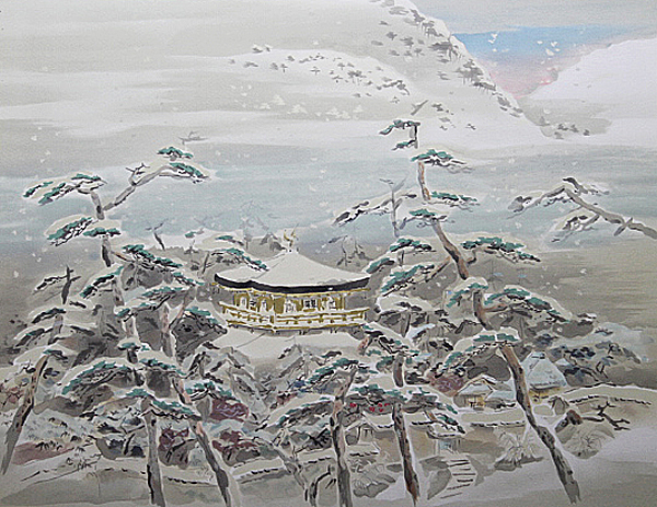 Rokuonji Temple in Winter, lithograph by Yoson IKEDA