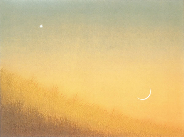 Evening Moon and Star, lithograph by Yuji TEZUKA
