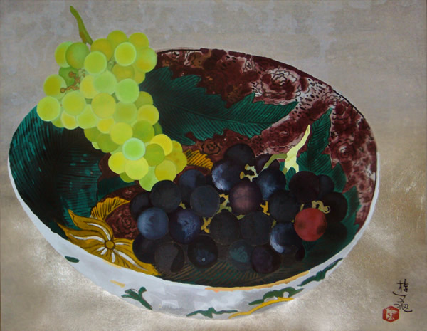 Ko-kutani Bowl and Grapes, woodcut by Yuki OGURA