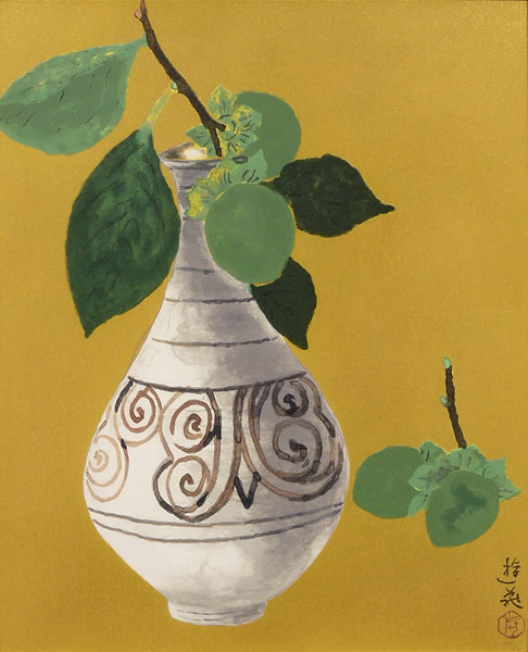 Old Pottery and Green Persimmons, lithograph by Yuki OGURA