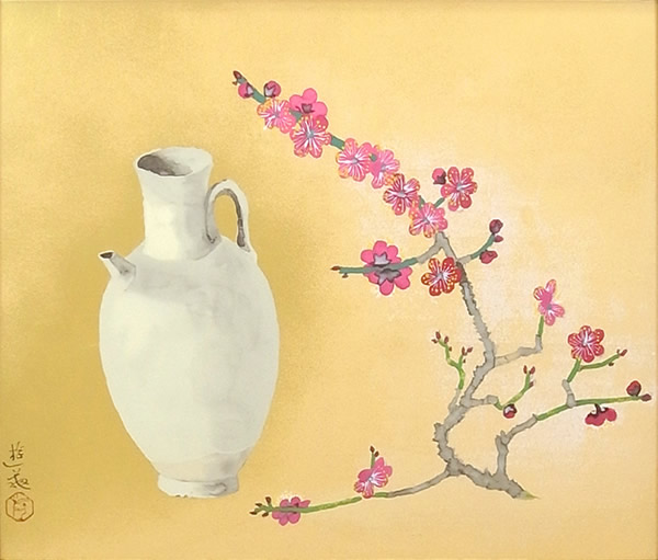 White Porcelain and Red Plum Blossom, lithograph by Yuki OGURA